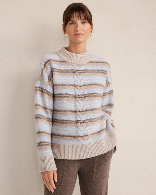 WOOL BLEND CABLE STRIPE CREWNECK SWEATER