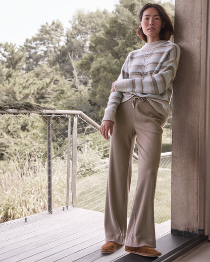 WOOL BLEND CABLE STRIPE CREWNECK SWEATER