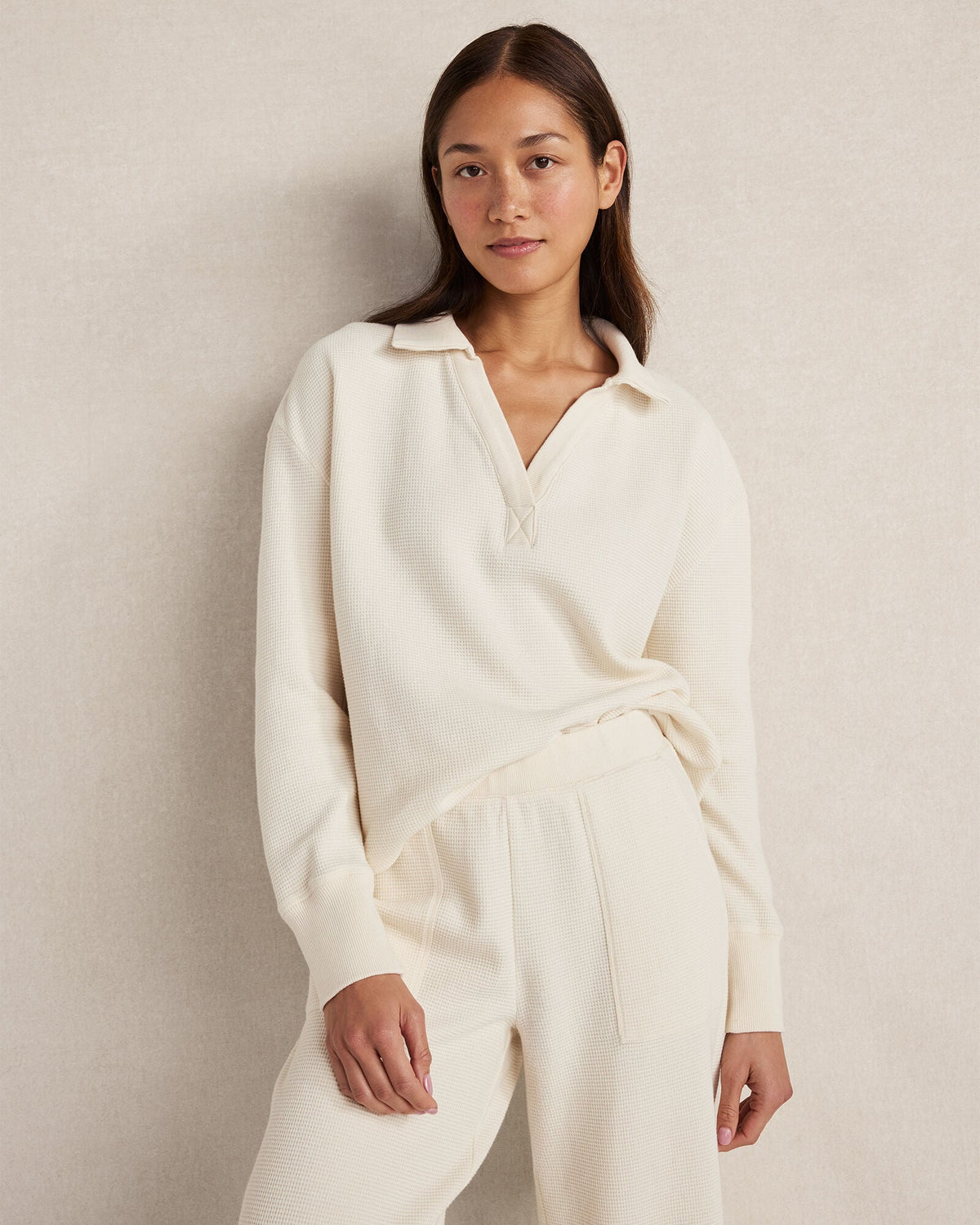 ORGANIC COTTON WAFFLE JOHNNY COLLAR TOP
