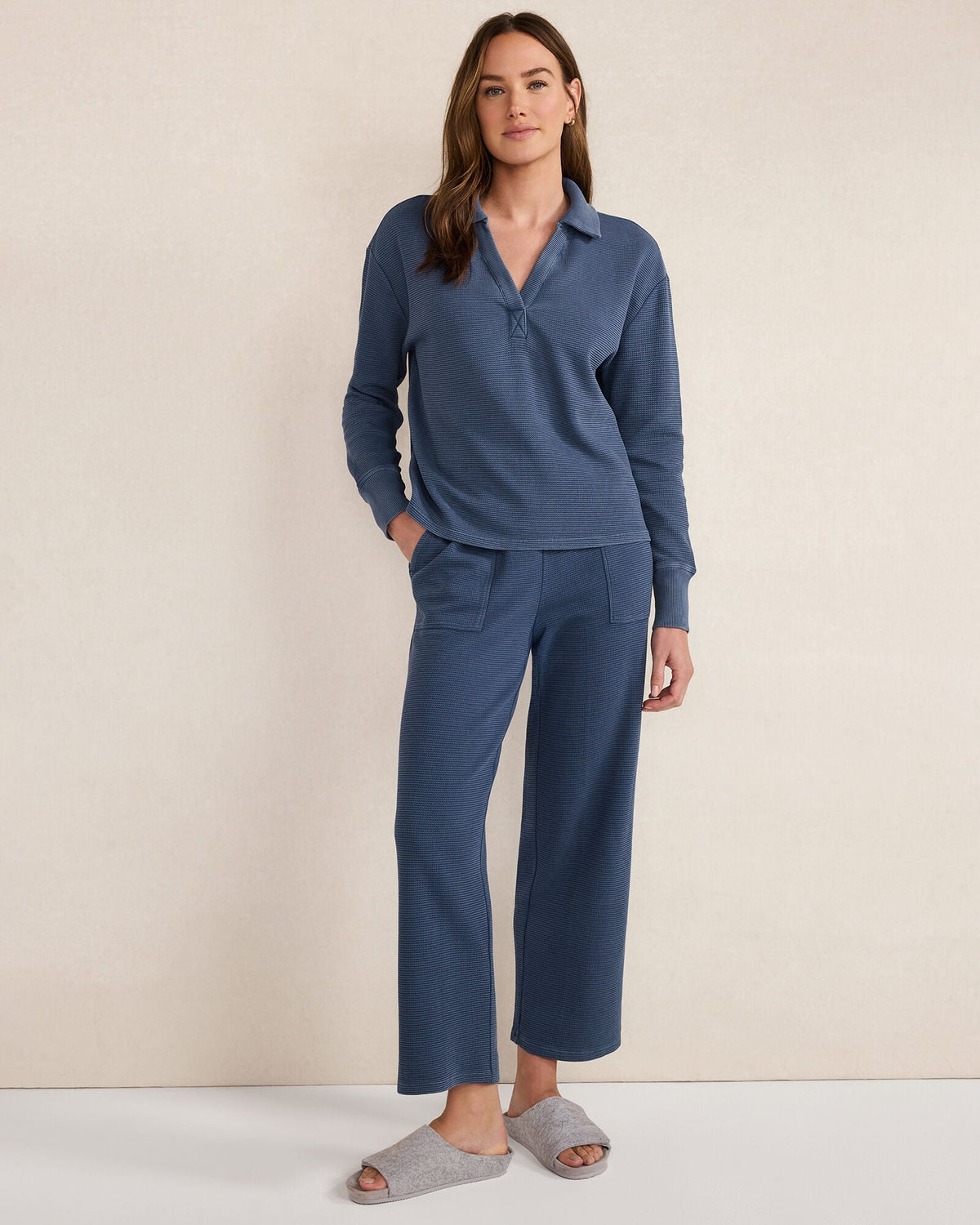 ORGANIC COTTON WAFFLE JOHNNY COLLAR TOP