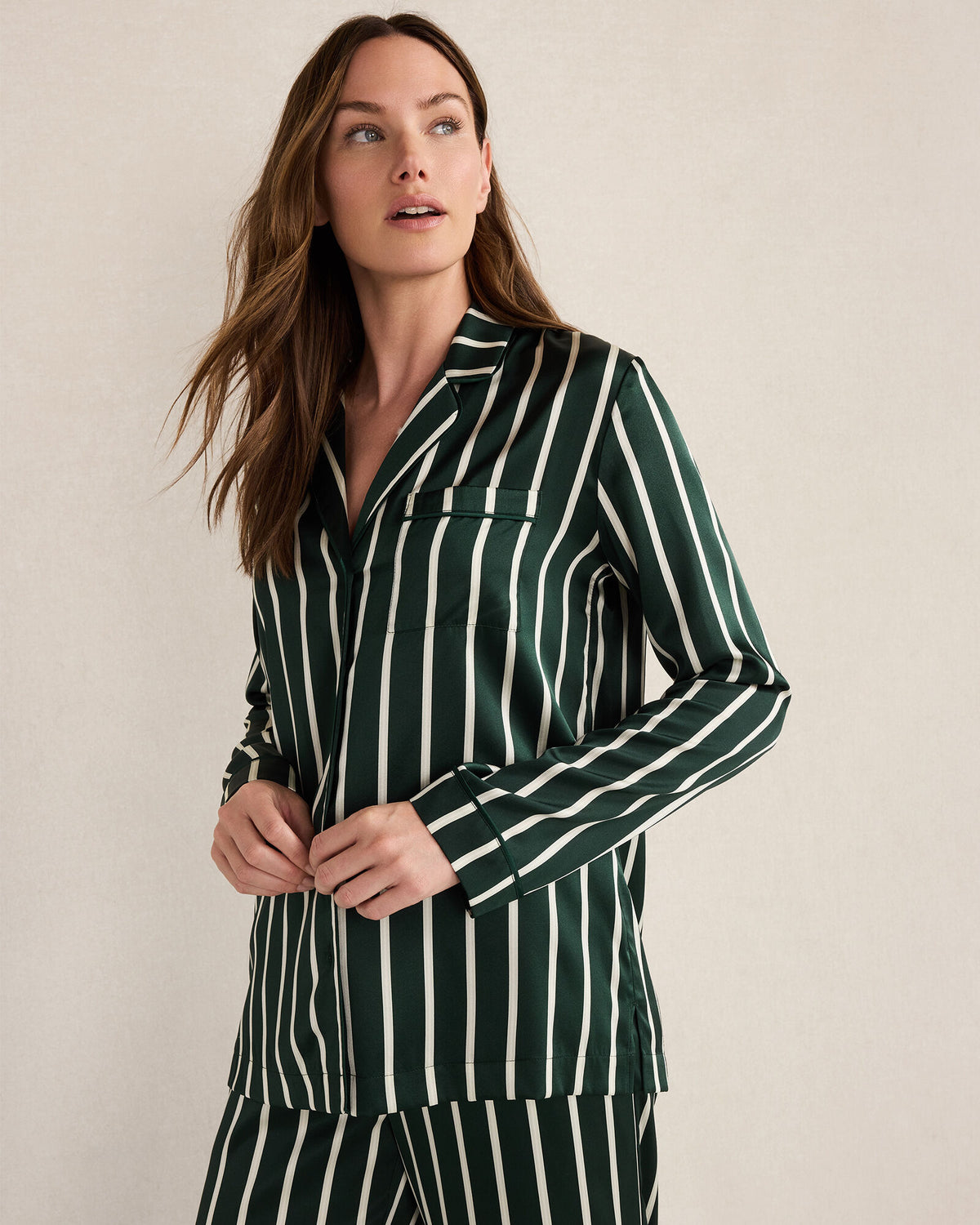 WASHABLE SILK PINSTRIPE PAJAMA TOP