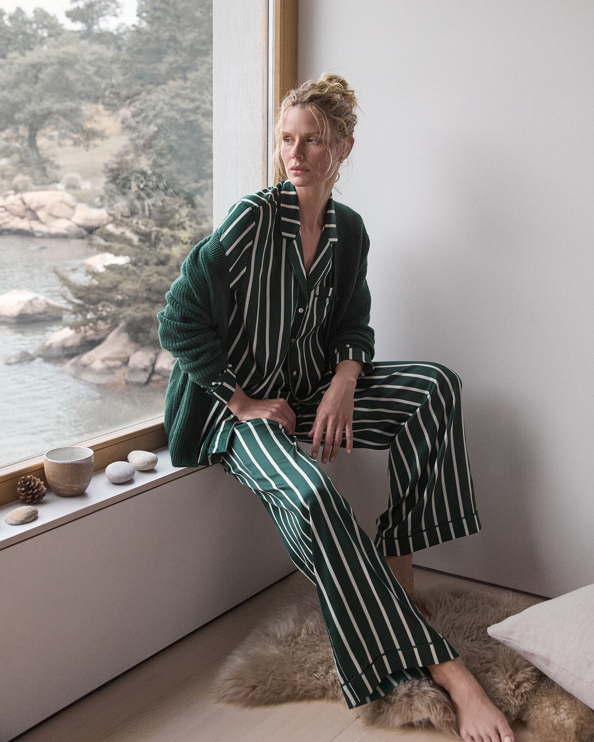 WASHABLE SILK PINSTRIPE PAJAMA TOP