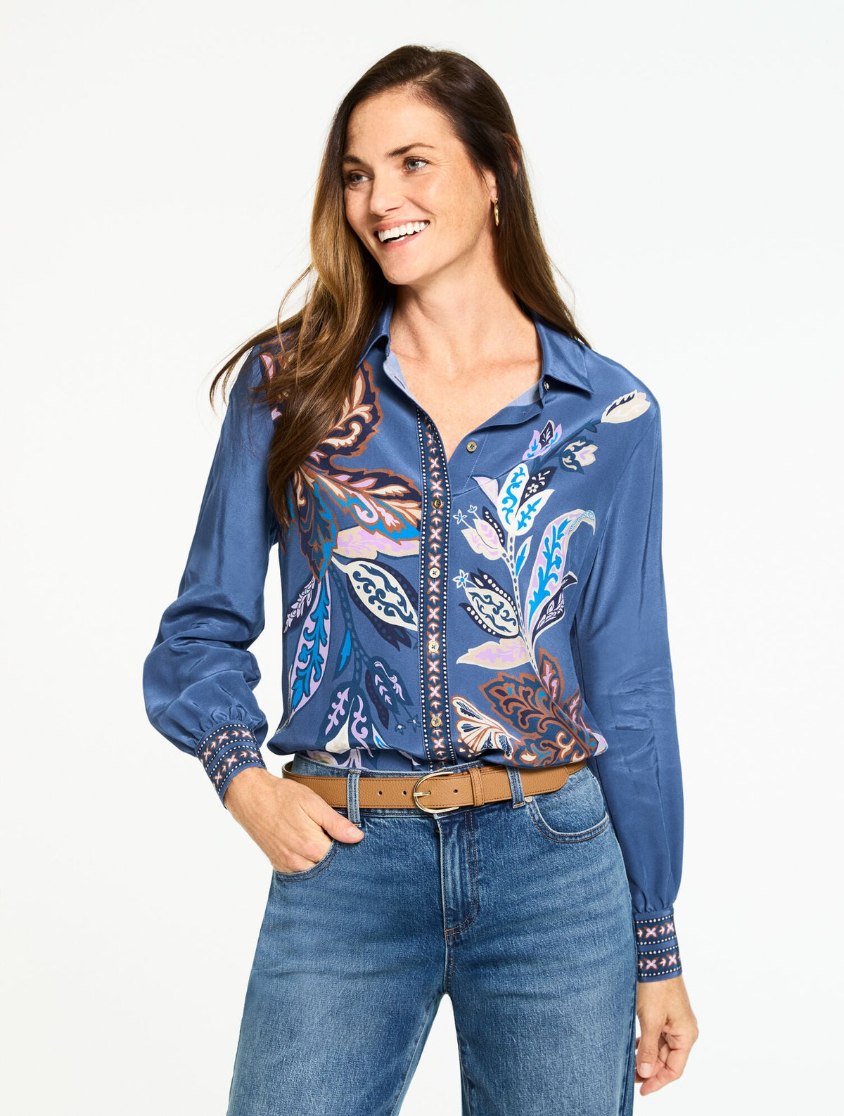 BUTTON FRONT SOFT SHIRT - INTRICATE JACOBEAN