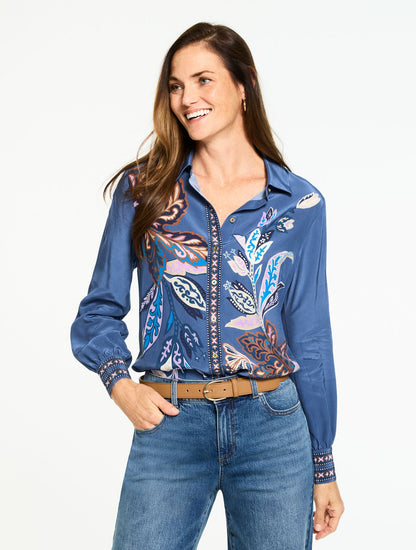 BUTTON FRONT SOFT SHIRT - INTRICATE JACOBEAN