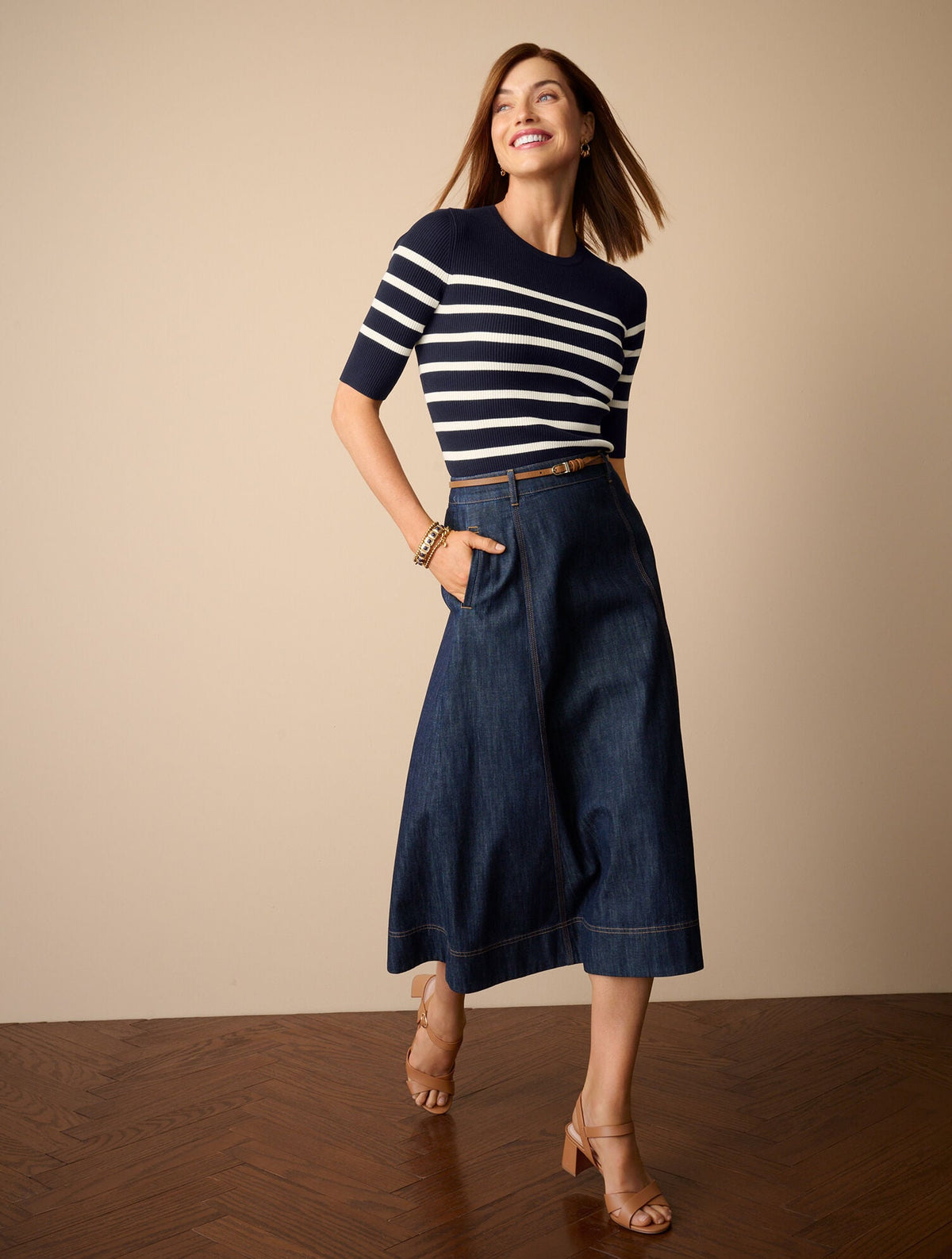 ELBOW SLEEVE RIBBED CREWNECK SWEATER - STRIPE