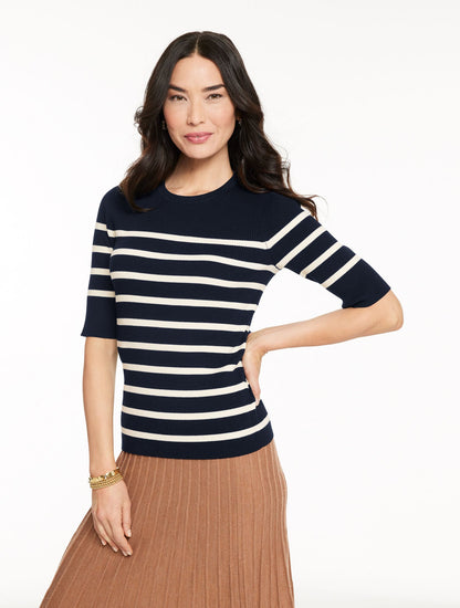 ELBOW SLEEVE RIBBED CREWNECK SWEATER - STRIPE