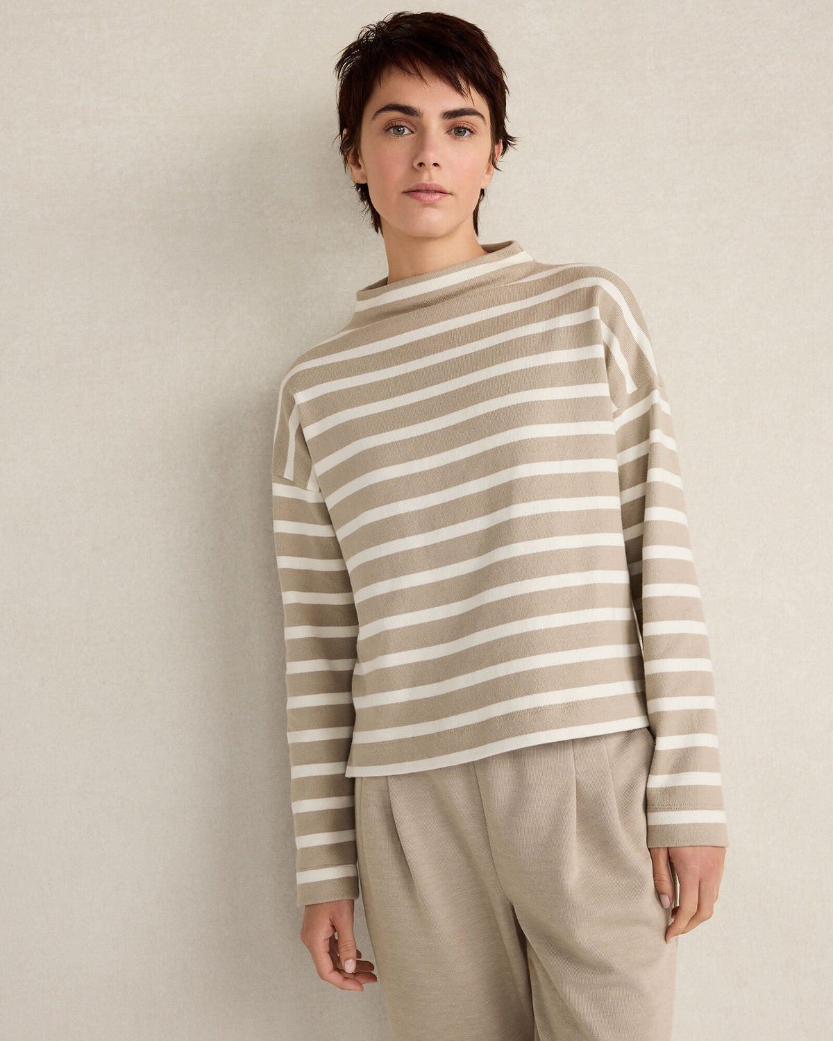 ORGANIC COTTON FUNNEL NECK STRIPED PULLOVER