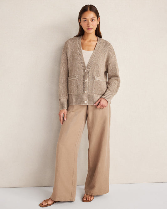 ORGANIC COTTON LINEN PLAITED V-NECK CARDIGAN
