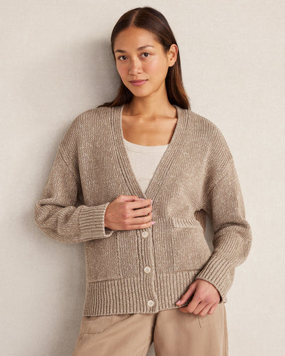ORGANIC COTTON LINEN PLAITED V-NECK CARDIGAN