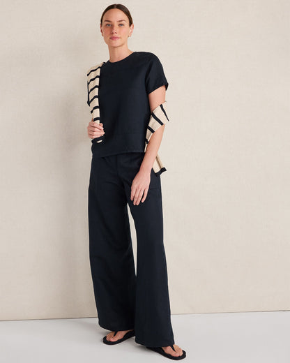 LINEN BLEND DOBBY WIDE LEG PANTS