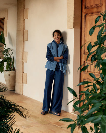 INDIGO COTTON TERRY WIDE LEG PANTS