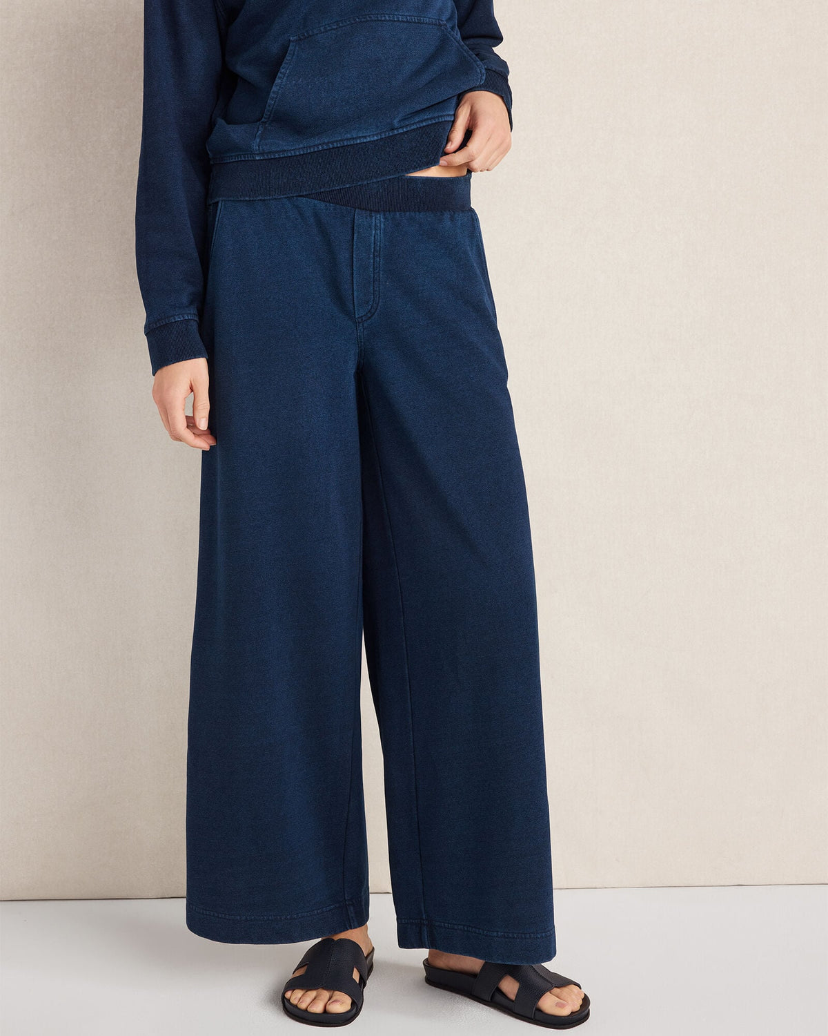 INDIGO COTTON TERRY WIDE LEG PANTS