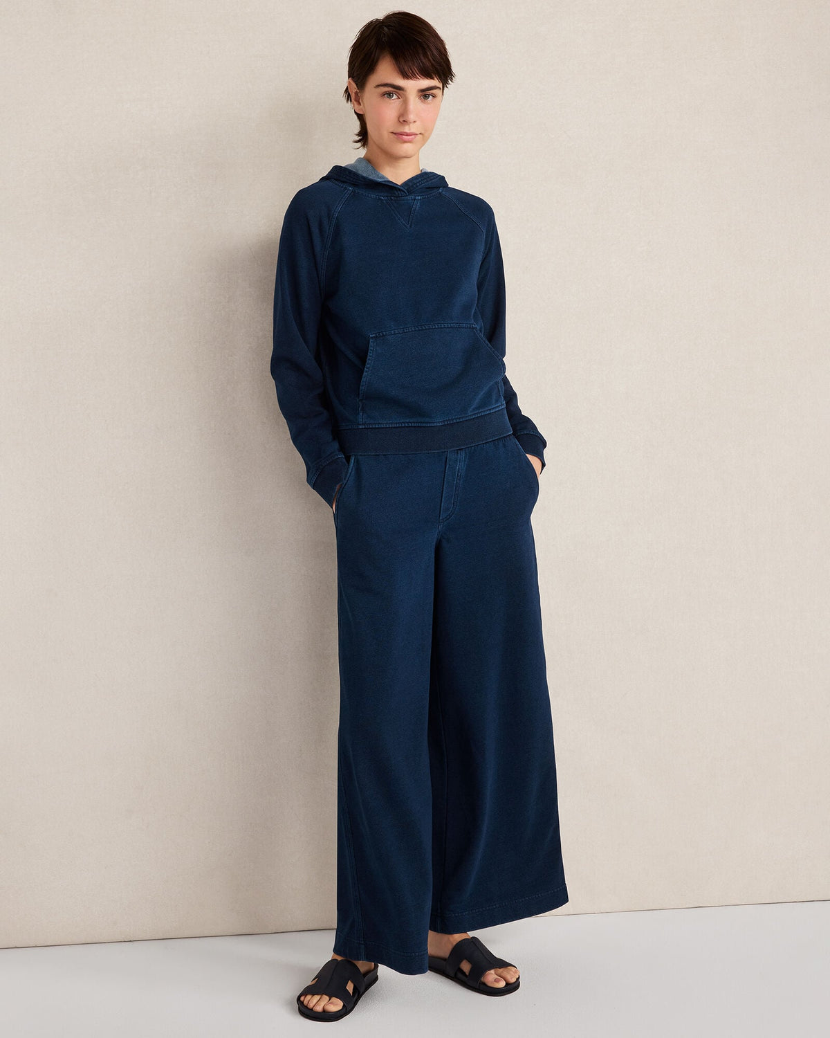 INDIGO COTTON TERRY WIDE LEG PANTS