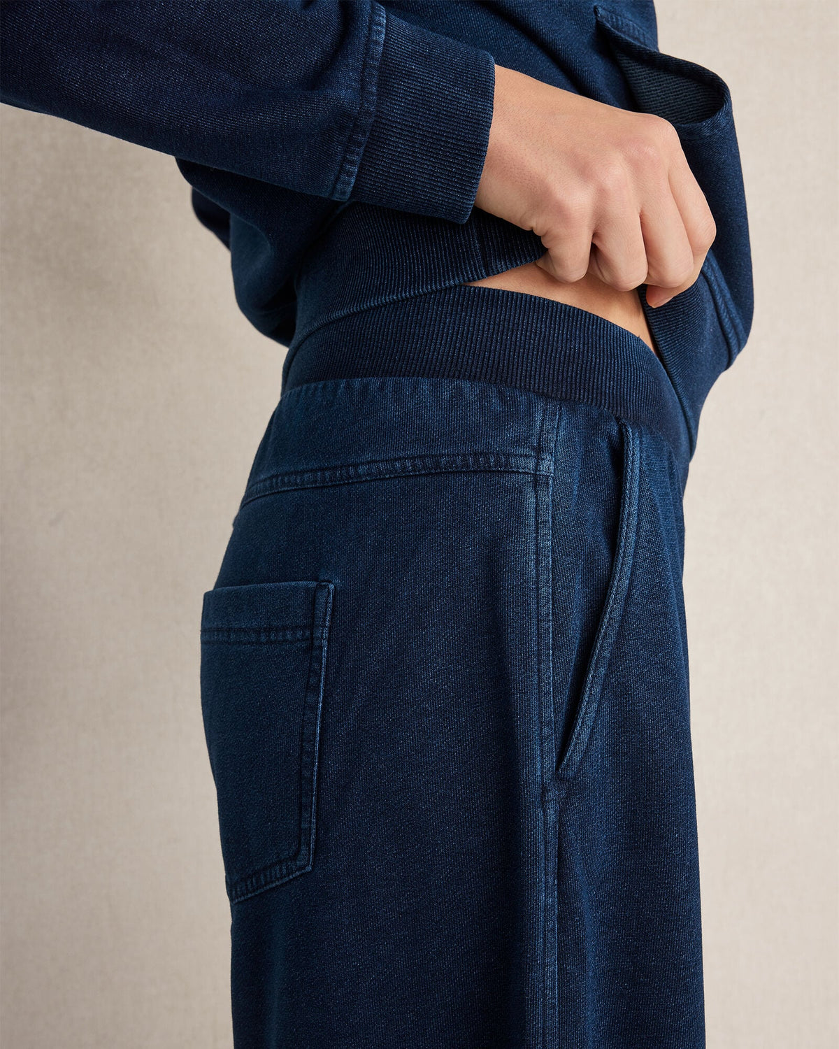 INDIGO COTTON TERRY WIDE LEG PANTS