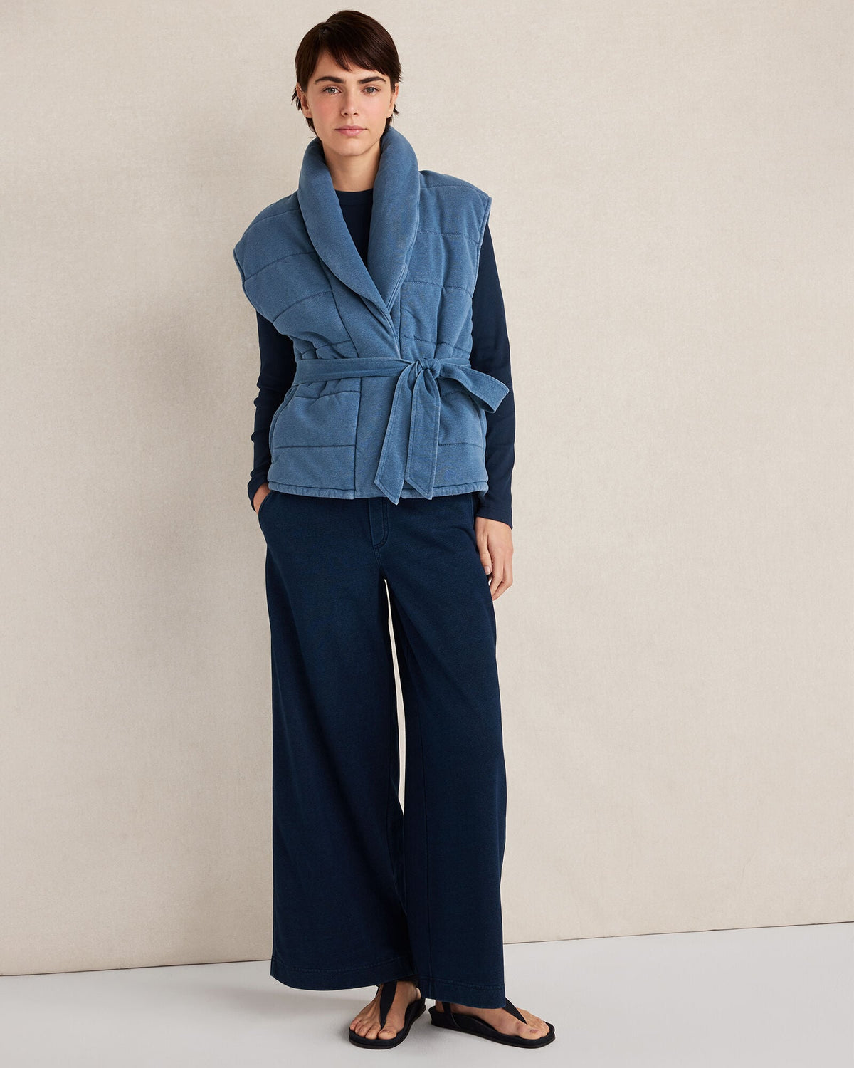 INDIGO COTTON TERRY WIDE LEG PANTS