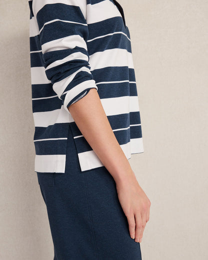 ORGANIC COTTON INTERLOCK STRIPE JOHNNY COLLAR TOP