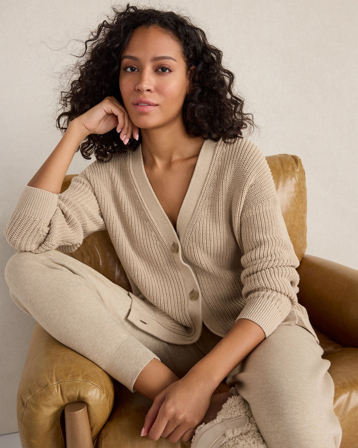 ORGANIC COTTON SHAKER STITCH HEATHERED CARDIGAN