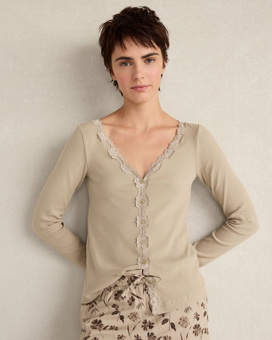 ORGANIC COTTON RIB KNIT LACE CARDIGAN
