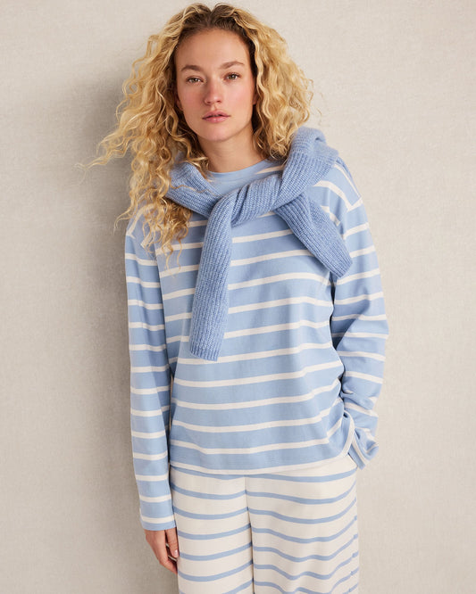 BRUSHED COTTON INTERLOCK STRIPE CREWNECK