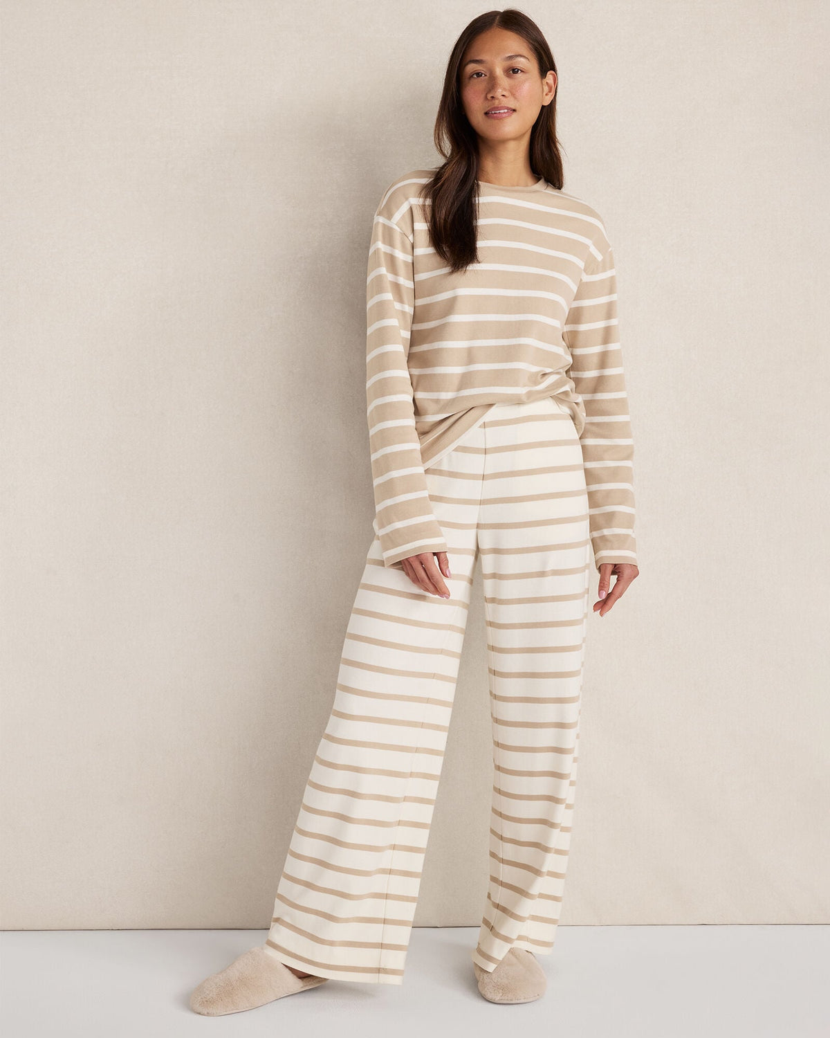 BRUSHED COTTON INTERLOCK STRIPE CREWNECK